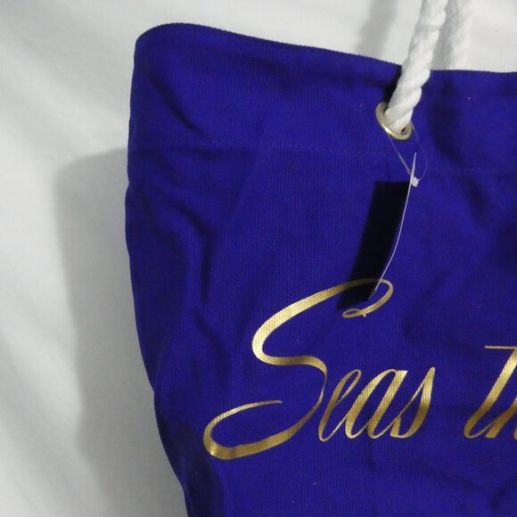 TRINA TURK BEACH TOTE | Blue Corduroy With Gold Seas The Day Print | NWOT - Picture 4 of 16